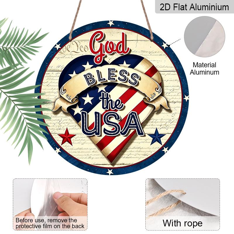 2D Flat Retro Round Aluminum Wall Hanging, Independence Day Heart Flag Design, Indoor Outdoor Wall Decor, Commemorative Gift for Home Bar Cafe