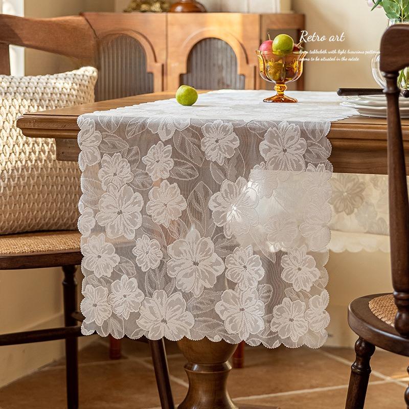 White Camellia Lace Hollow-out Tablecloth TV Cabinet Cover Cloths Dining Table Cabinet Decorat Towel Romantic French Exquisite Jacquard Table Runner 45*160cm 1pcs