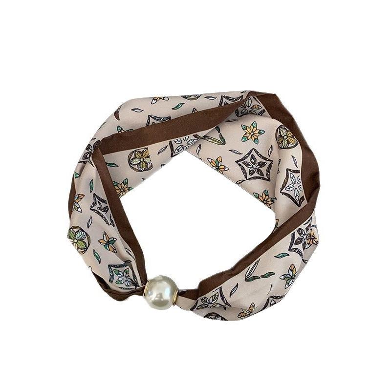 Silk scarf long strip high-end spring and summer new versatile pearl necklace neck chain scarf magnetic buckle silk scarf