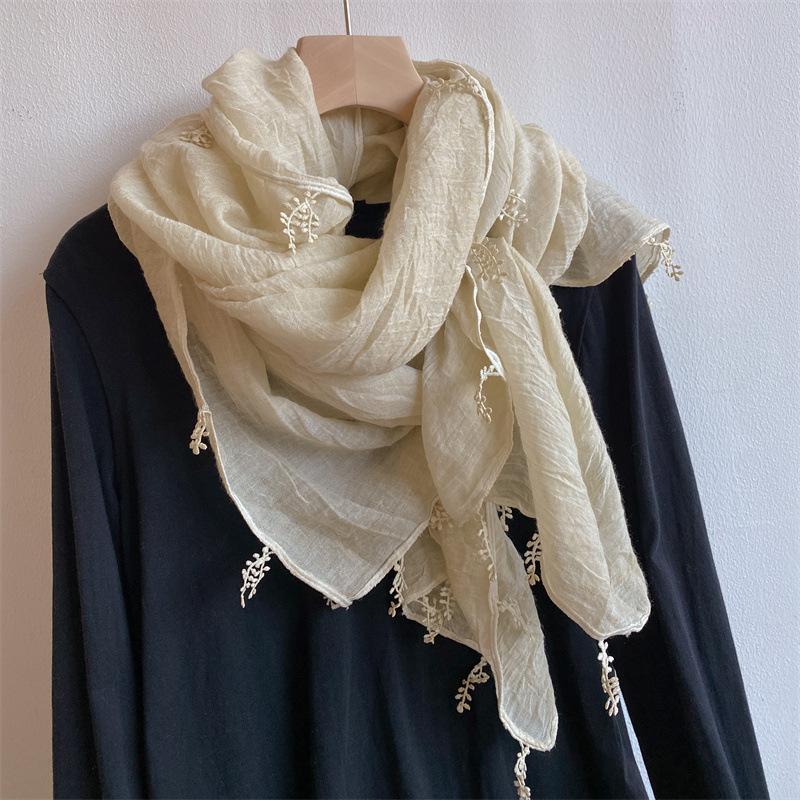 Solid color small leaf spike literary small fresh cotton and linen scarf women's fashion versatile long shawl thin neck scarf