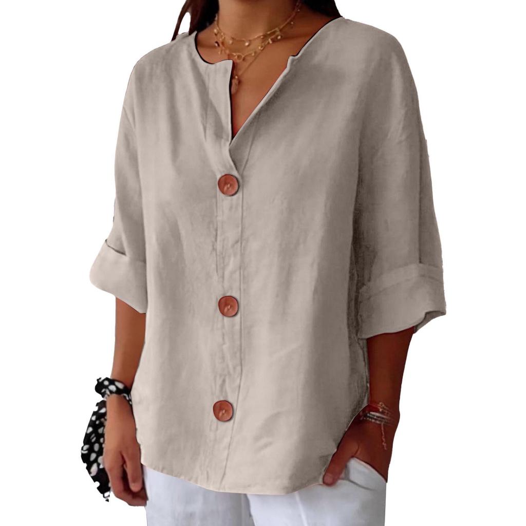 2026 Women's Loose V-neck Cotton Linen Button Top - Comfortable Casual T-shirt for Spring and Autumn