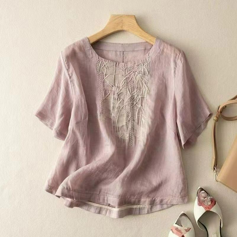 Cotton and Linen Short-sleeved T-shirt Women's Summer Loose Age-reducing Western Style Small Shirt Temperament Top Women