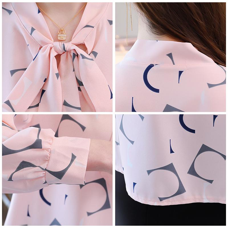 Chiffon Bow Blouse Women 2021 Office Lady Shirt Autumn Geometry Long Sleeve Tops Necktie Bowknot Pullover