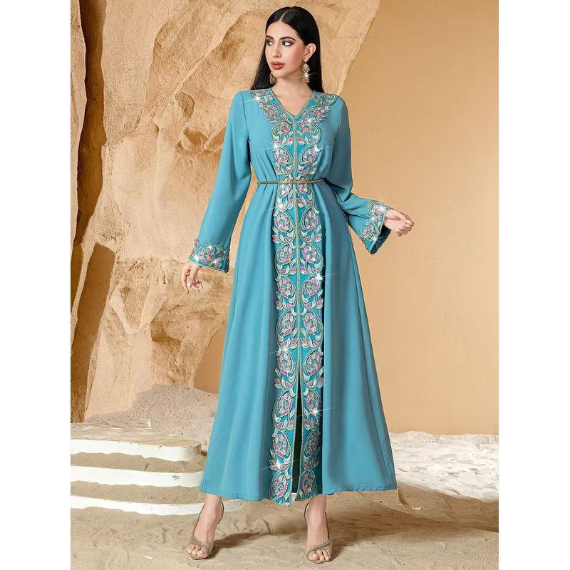 

Ближний Восток Новое поступление Мода Элегантное вышитое платье-халат с бисером Вышитое платье с бисером Peacock Blue XL