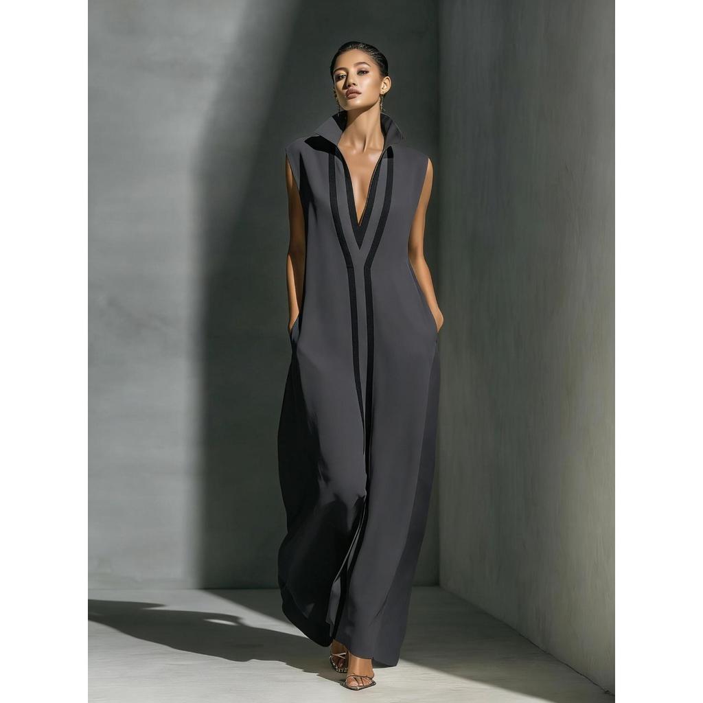 Damen V-Ausschnitt Ärmellos Weiter Bein Jumpsuit Lockerer Sitz Hoher Bund Kontrastfarbe Maxi Jumpsuit