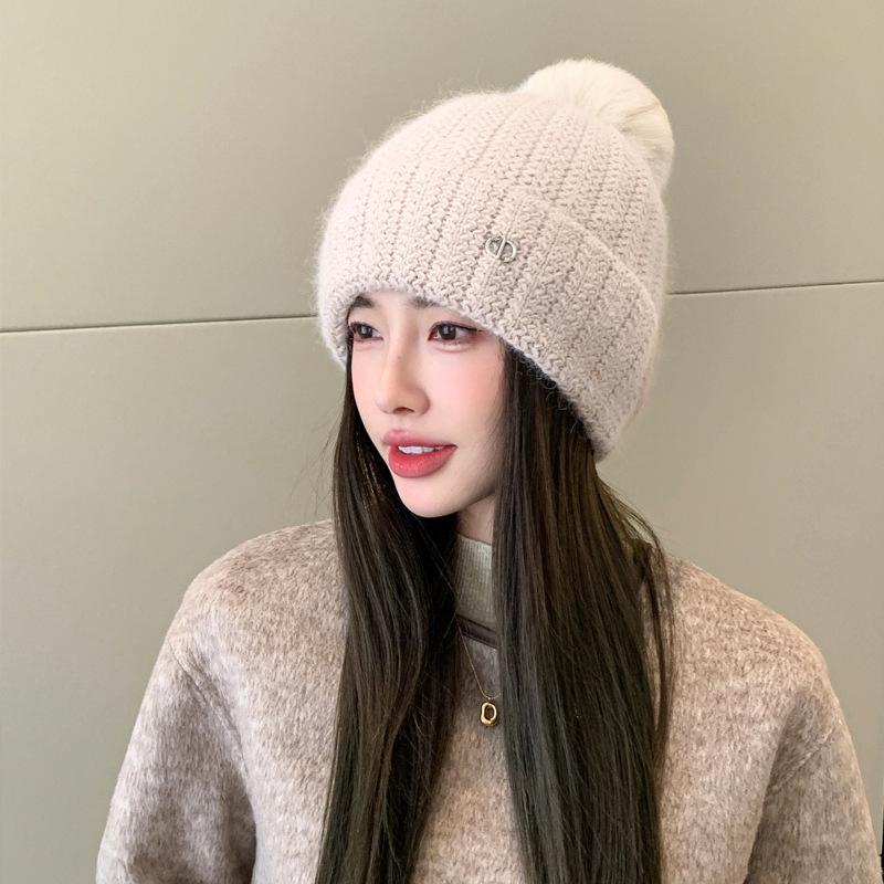 Rabbit Fur Knitted Hat Women's Autumn and Winter Warm Wool Hat New Velvet Ear Protector