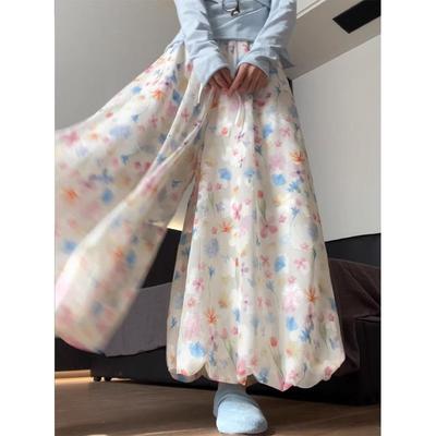 Pantalones de verano con estampado floral, cintura alta, pierna ancha, corte A para mujer