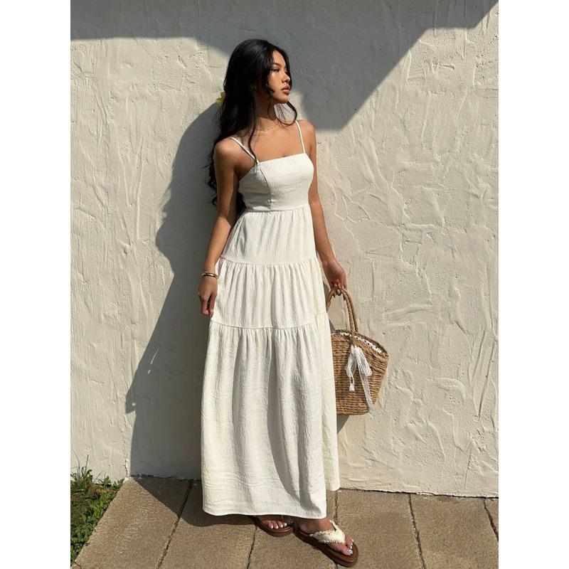 European and American 2026 Summer New Textured Drawstring Pleated Loose Slimming Vacation Spaghetti Strap Dress XXS