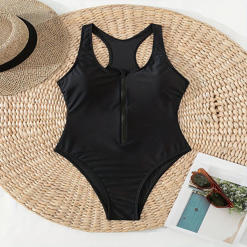 TS JYL-SW186 Solid Zip Up Swimsuit, Slim Bodycon Sexy Swimwear For Spa L