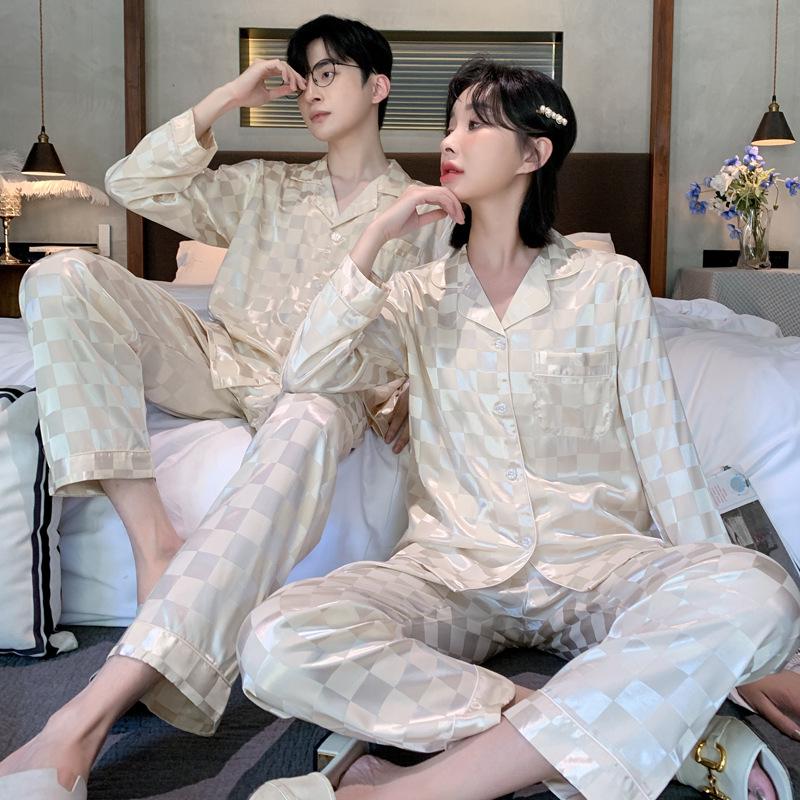 Wide White Couple Pajamas Women's Ice Silk Long-sleeved Men's Casual Plus Fat Summer Thin Loungewear Set