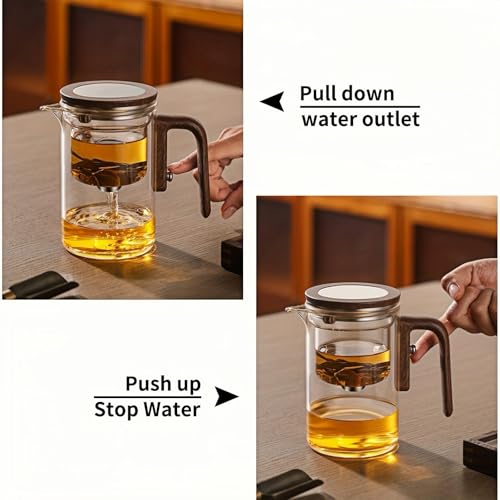 OULOVECO Semi-Automatic Glass Teapot with Wooden Handle, Pressure Control, Heat-Resistant, Suitable for Direct Heat, Tea Pot, Tea Utensils, All-Purpos