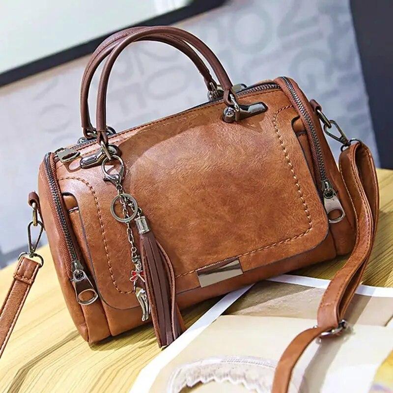 

Tassel Decor Women s Large Capacity Shoulder Bag Fashion Zipper Crossbody Bag With Removable Strap Boston Handbag