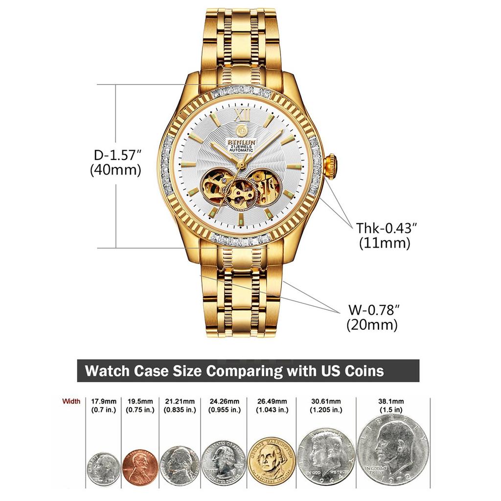 BINLUN Automatic Skeleton Mechanical Luxury Business Gift for Men Men's Watch, Gold, Double-Sided Watch, Gold, Waterproof, Watch, [Product Code]