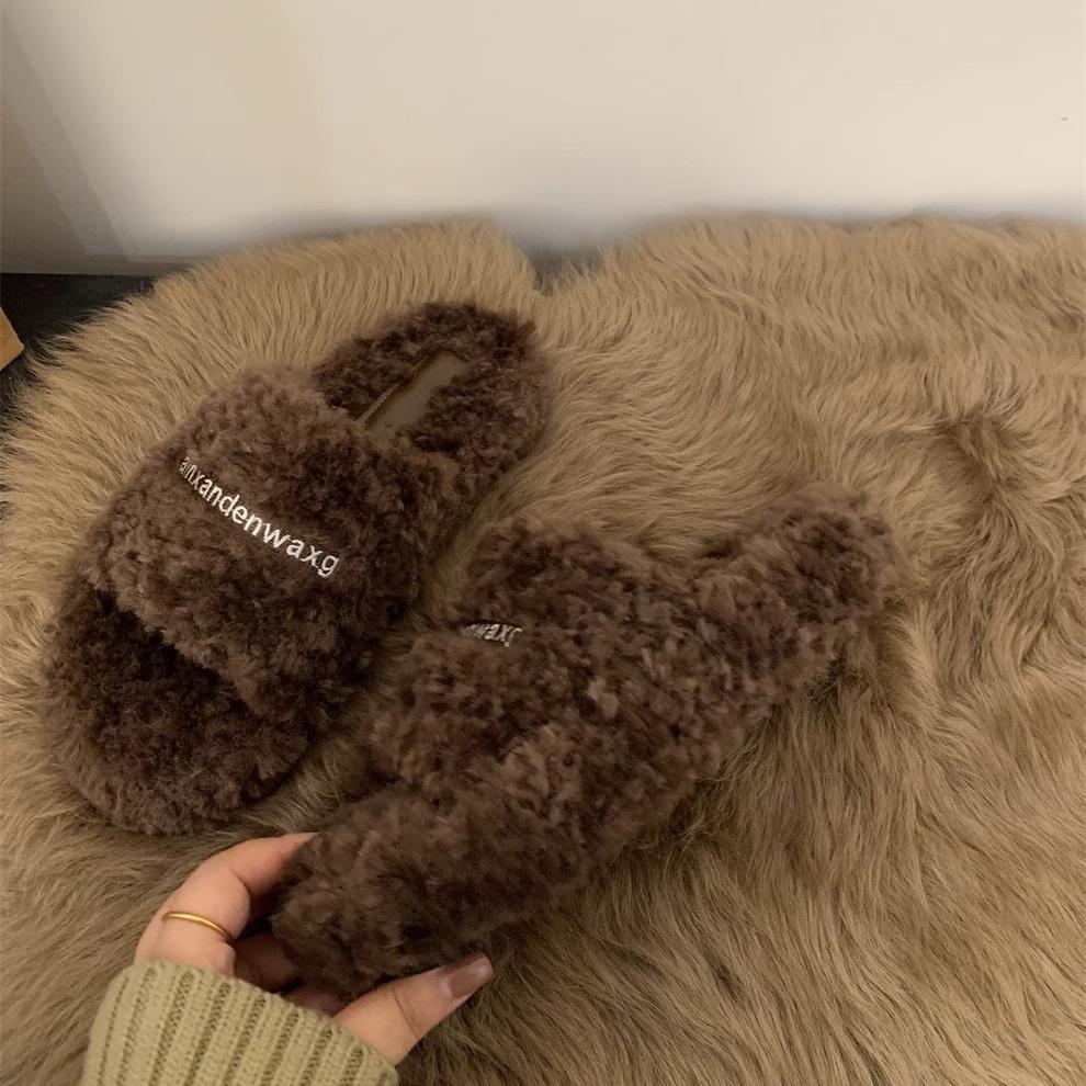 Design sense niche curly hair thick sole outer wear Mao Mao slippers spring and summer versatile women's shoes fleece comfortable casual cotton mop