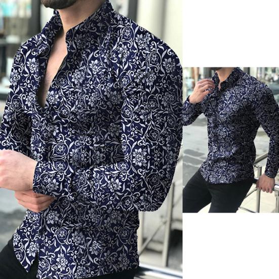 Herrenmode Hemd mit Blumenmuster, Slim Fit, Langarm, Knopfleiste, Umlegekragen