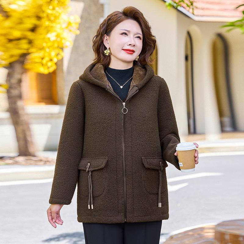 Winter New Middle-aged and Old Velvet Warm Cotton-padded Clothes, Thickened Granular Hooded Cotton-padded Jackets, Women's Jackets