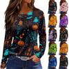 Women's Casual Long Sleeve Crew Neck Top with Side Slit Hem Halloween Themed Print Comfortable Fit Lightweight Fabric