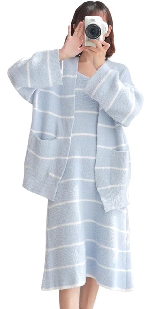 

RAVIR Winter Fluffy and Cute Pajama Set and Chic Long Sleeve Cami Dress with Striped Soft and One Size Fits Blue Women s Loungewear, (Top Bottoms), синий