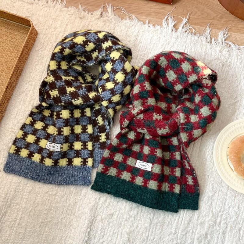 Womens Winter Knitted Scarf Korean Style Retro Plaid Warm Long Neck Wrap Wool Blend