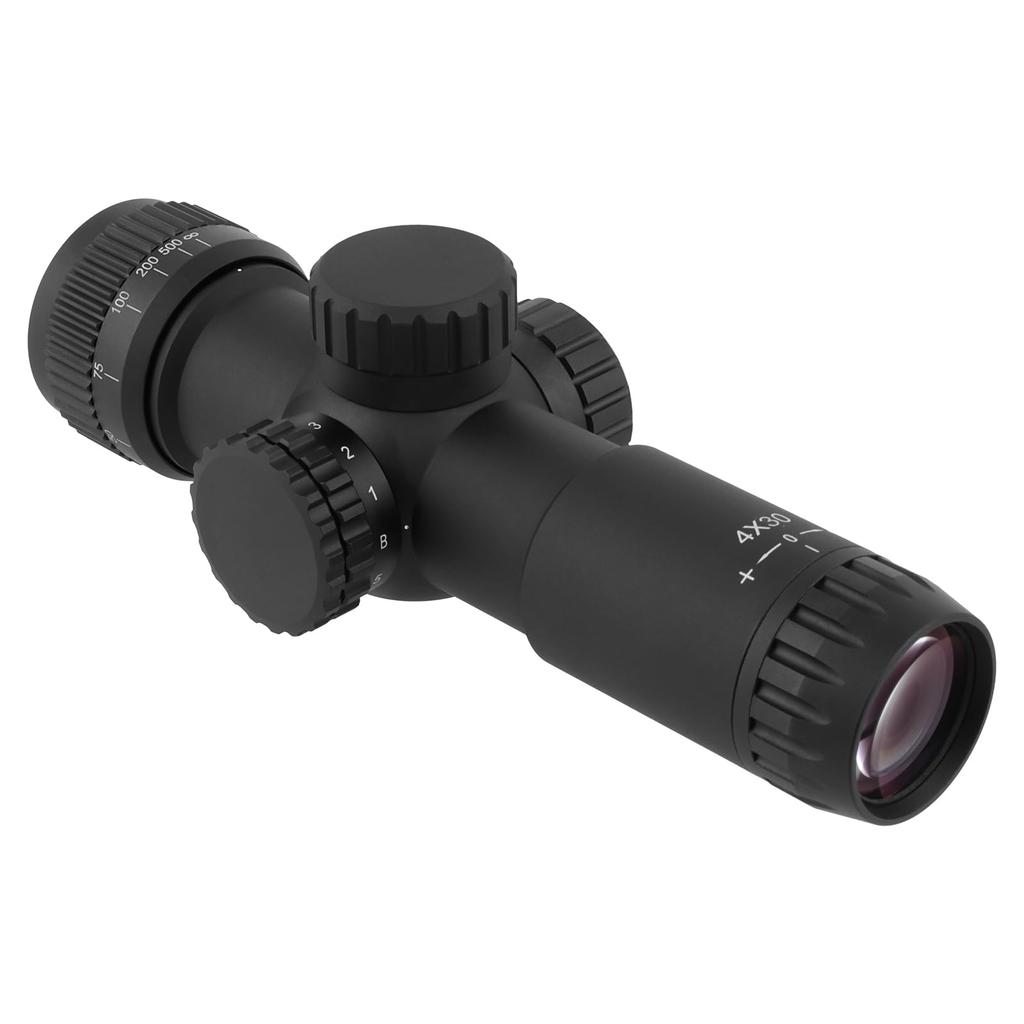 FOCUHUNTER 4x30 AO Compact Scope with Parallax Adjustable Focus, 5-Level Red and Green Reticle, 12MOA, 1200G Recoil, IP67 Waterproof, 16.5cm Long,