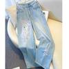 Women's 2025 Chinese Style Light Wash High Waist Embroidered Straight Leg Jeans