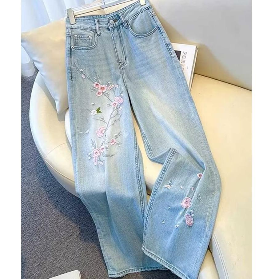 Damen 2025 Chinesischer Stil Hellwaschung Hohe Taille Bestickt Gerades Bein Jeans