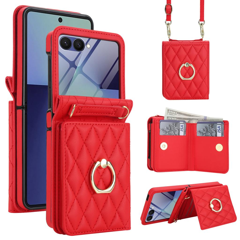 Luxury Crossbody Ring Holder Cards Solt Wallet Flip Leather Phone Case For Samsung Galaxy Z Flip 7 6 5 4 3 Long Lanyard Cover
