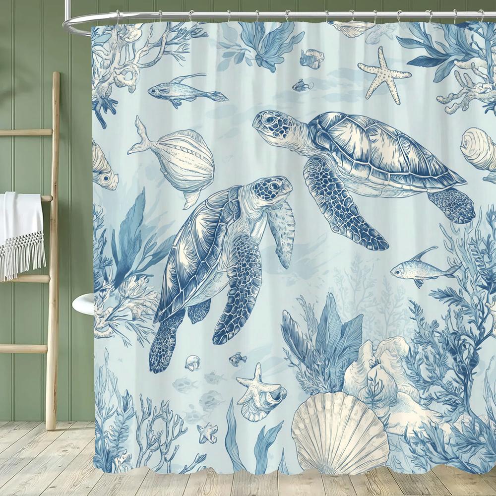 Cute Cartoon Ocean, Starfish, Shells Dolphin Printed Shower Curtain With Hooks, Bathroom Curtain, Bathroom Decor Window Curtain