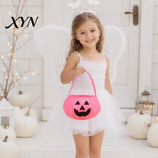 Portable Candy Storage Bag Halloween Pumpkin for Kids, Reusable Non-Woven Trick or Treat Bucket, Bags Face Snack Holder Basket with Handle Party