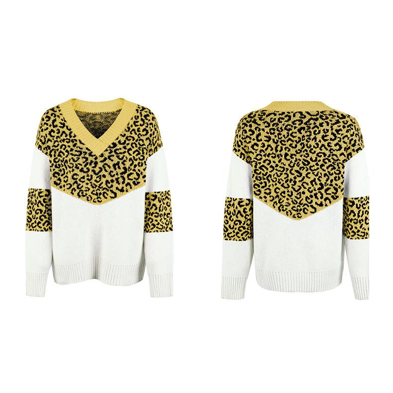 Autumn Winter Vintage Loose Long Sleeve Top Leopard Cardigan Knitwear V-Neck Sweater