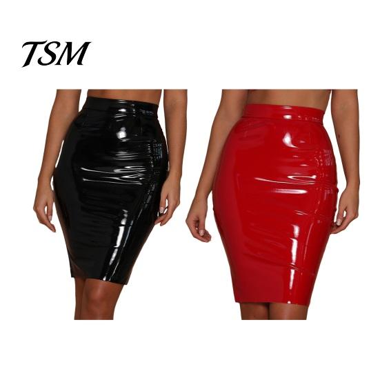 High Waist Skirt Women Club Faux Leather Skinny Sheath Zipper Closure Solid Slimming Color Glossy Surface Slim Fit Knee Length Lady Party Dating