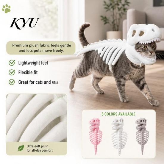 Katze Dinosaurier Knochen Kleidung Haustier Skelett Kostüm, Weiches Plüsch T-Rex Halloween Lustige Cosplay Kleidung Outfit, für Katzen Kleine Hunde Leuchtende Ausrüstung