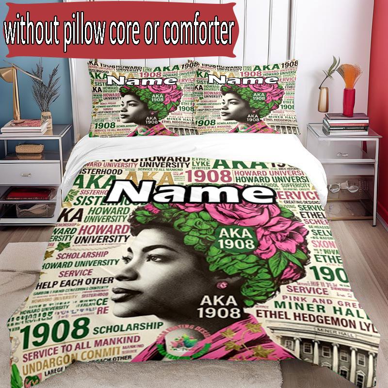 3pcs Duvet Cover Set (1*Duvet Cover + 2*Pillowcase, Without Core), Custom Name Alpha Kappa Alpha Pattern Bedding Set, Home Bedroom Decor Gift