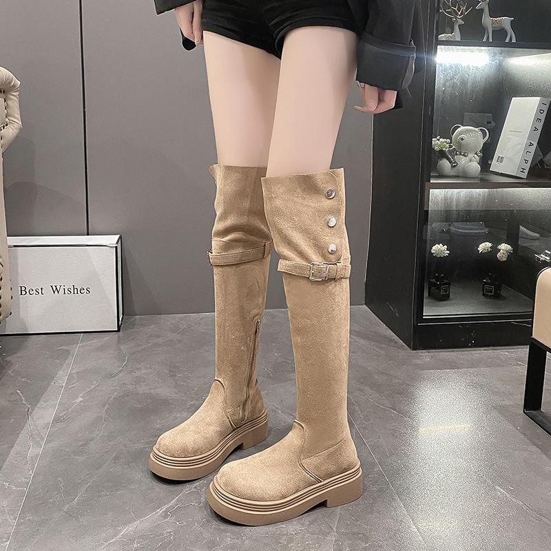 Botas de suela gruesa para mujer 2025 nuevo otoño e invierno pero botas de gamuza hasta la rodilla para mujer botas de caballero altas y delgadas