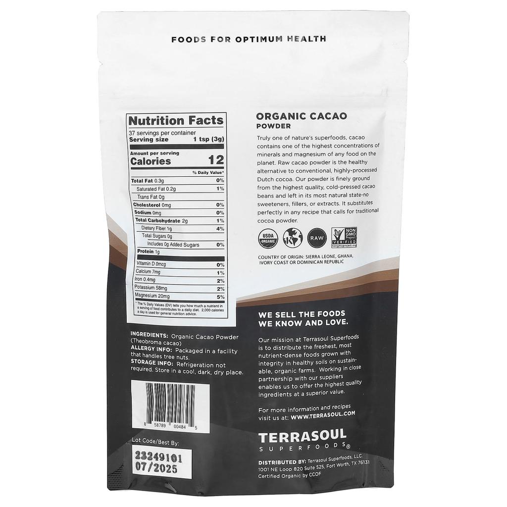 Terrasoul Superfoods, Cacao Powder, Cold Pressed, 4 Oz (113 G)