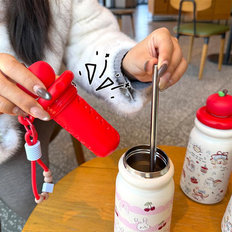 Water bottle: Carefully selected apple straw cup, stainless steel dual-drinking insulated cup, cute water cup with a handle