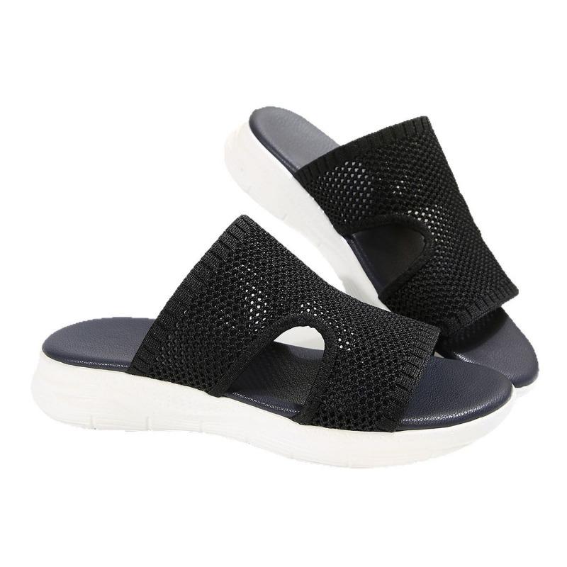 New large size fly-woven one-word hollow women's cool slippers slope heel fish mouth thick-soled slippers