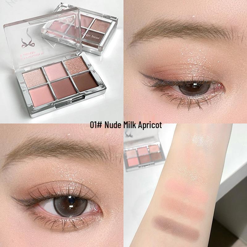 Gege Bear Pink Sakura Fantasy Eyeshadow Palette - Six Colors, High Pigment, Shimmer & Matte, Great for Beginners, Daily Oat & Earth Tones