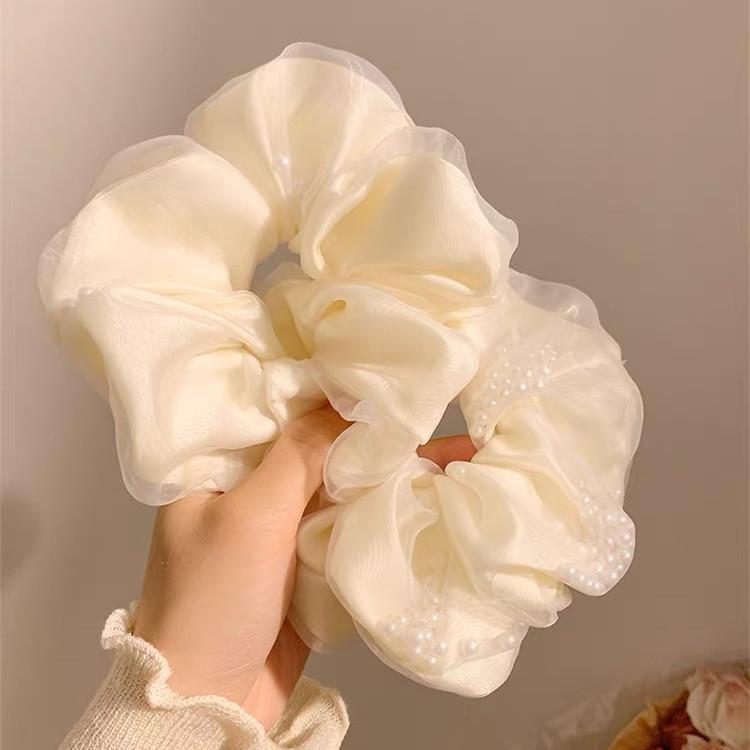 Light Gauze Under the Moon ~ White Mesh Pearl Large Intestine Hair Ring for Women Korean Style High-end Summer Lazy Style Hair Rope Hair Accessory