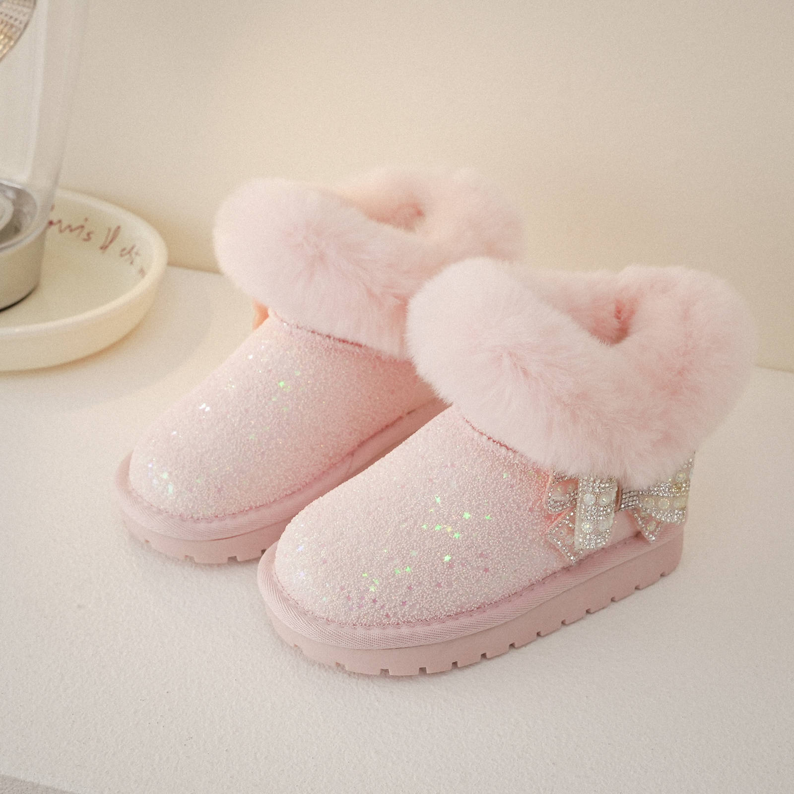 

XSHX [Блеск~] Девочки Принцесса Зимние Сапоги 2025 Зима Толстый Мех Милые Боковая Молния Яркий Бриллиант Высокий Верх 25