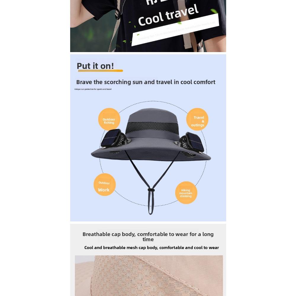 Men Solar Powered Dual Fan Hat, Summer Outdoor Mountaineering Fishing Sun Hat, Wide Brim Breathable UV Protection Fisherman Cap
