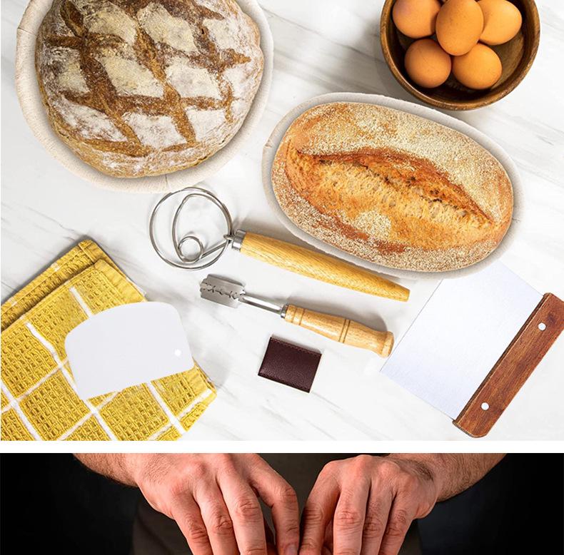 Fermentation Basket Set: Rattan Bread Basket, Scraper, Mixer & Oval Baking Tool. European Style for Artisan Bread.