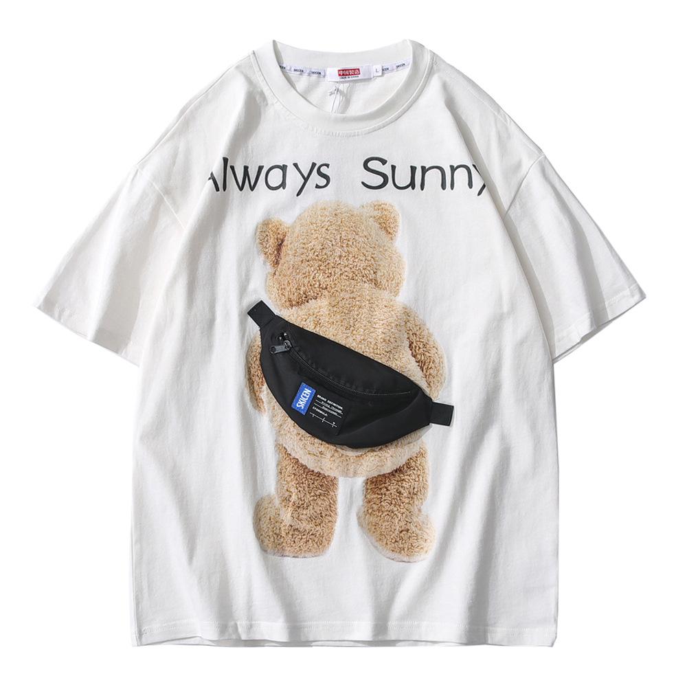 Футболка с короткими рукавами и принтом медведя, мужская, корейская версия, для студентов, пар, свободная, хлопковая, с короткими рукавами XXXL белый