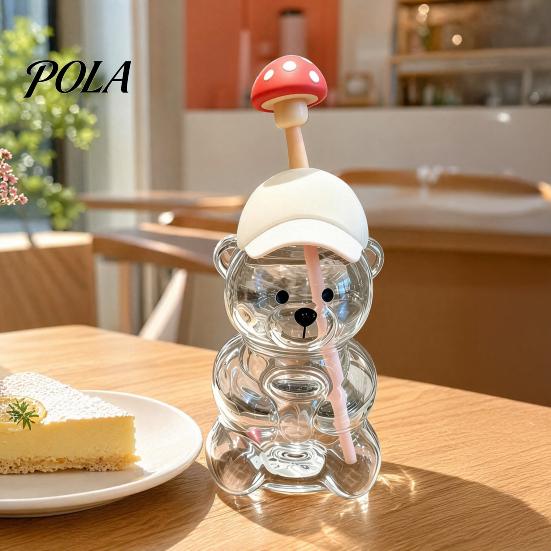 Removable Straw Heads Cute Bear Glass Cup with & Lid, 500/591ml Plastic/Glass Water Bottle for Cold/Hot Drinks, Pattern Coffee Mug Adults, Home Office