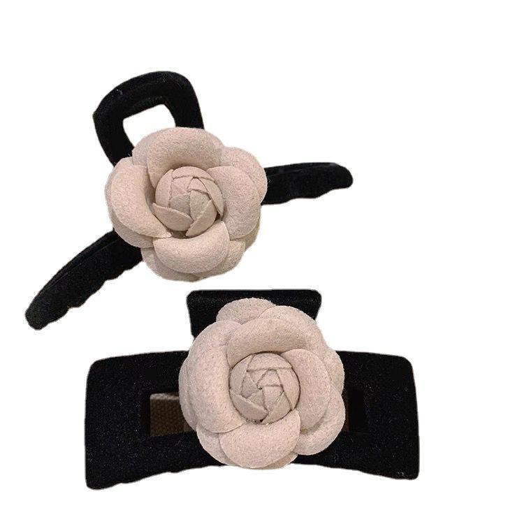 2 Pieces French Camellia Black Velvet Grip Clip