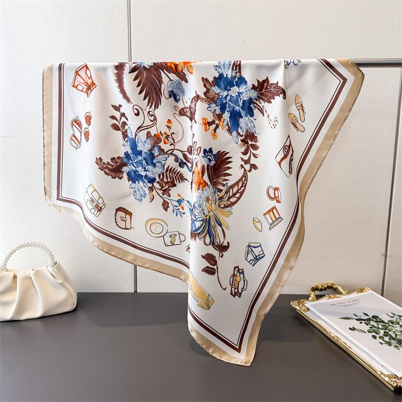 Luxury Square Silk Scarf for Women Floral Butterfly Print Bandana Fashion Shawl Hair Scarves Bag Ribbon for Beach Travel Daily