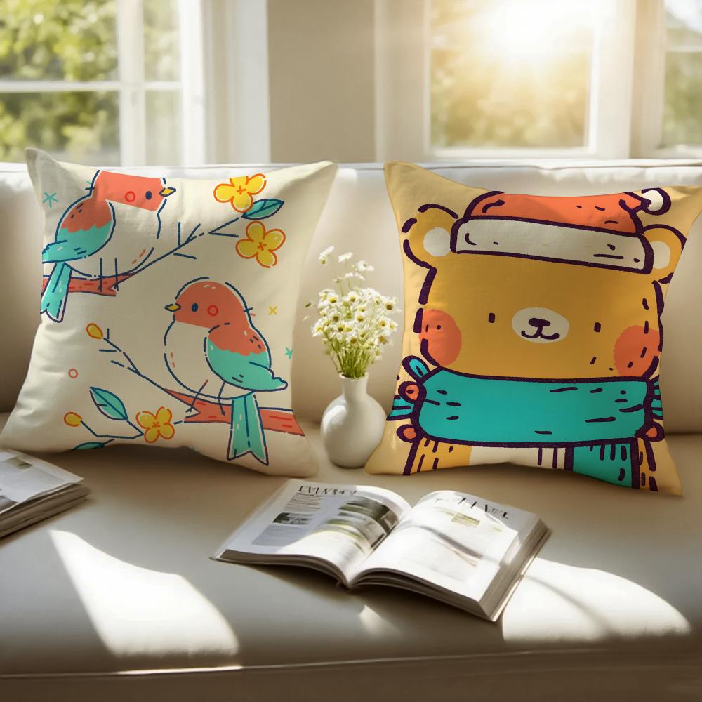 Countrystyle Adorable Animal Illustrations Cushion Cover Pillowcase Antidustmite Invisible Zipper Short Plush Sofa Cushion