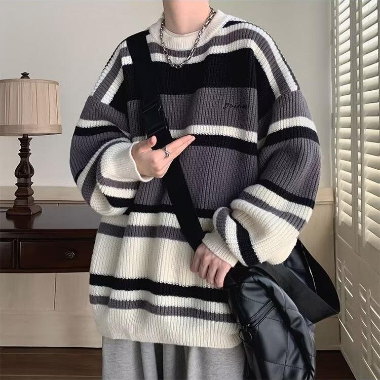 Tejido de punto a rayas retro japonés: Suéter holgado unisex de otoño/invierno