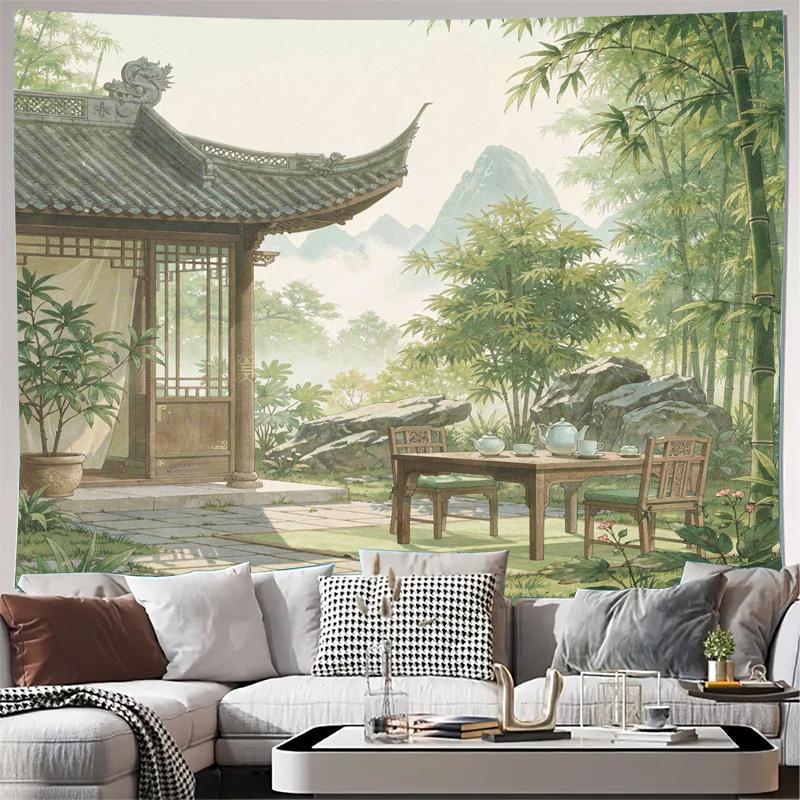 Exquisite Chinese Garden Bamboo Landscape Tapestry Wall Hanging Art Mural Decor Scroll Print Asian Oriental Style Home Decoratio