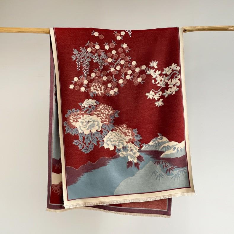 400g Retro Ethnic Bluebird Scarf: Women's Winter Warm Neck Warmer, High-End Imitation Cashmere Shawl.